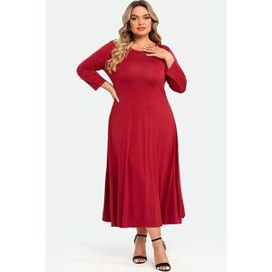 Red Comfy 3/4 Sleeve Flare A-line Midi Long Maxi Dress